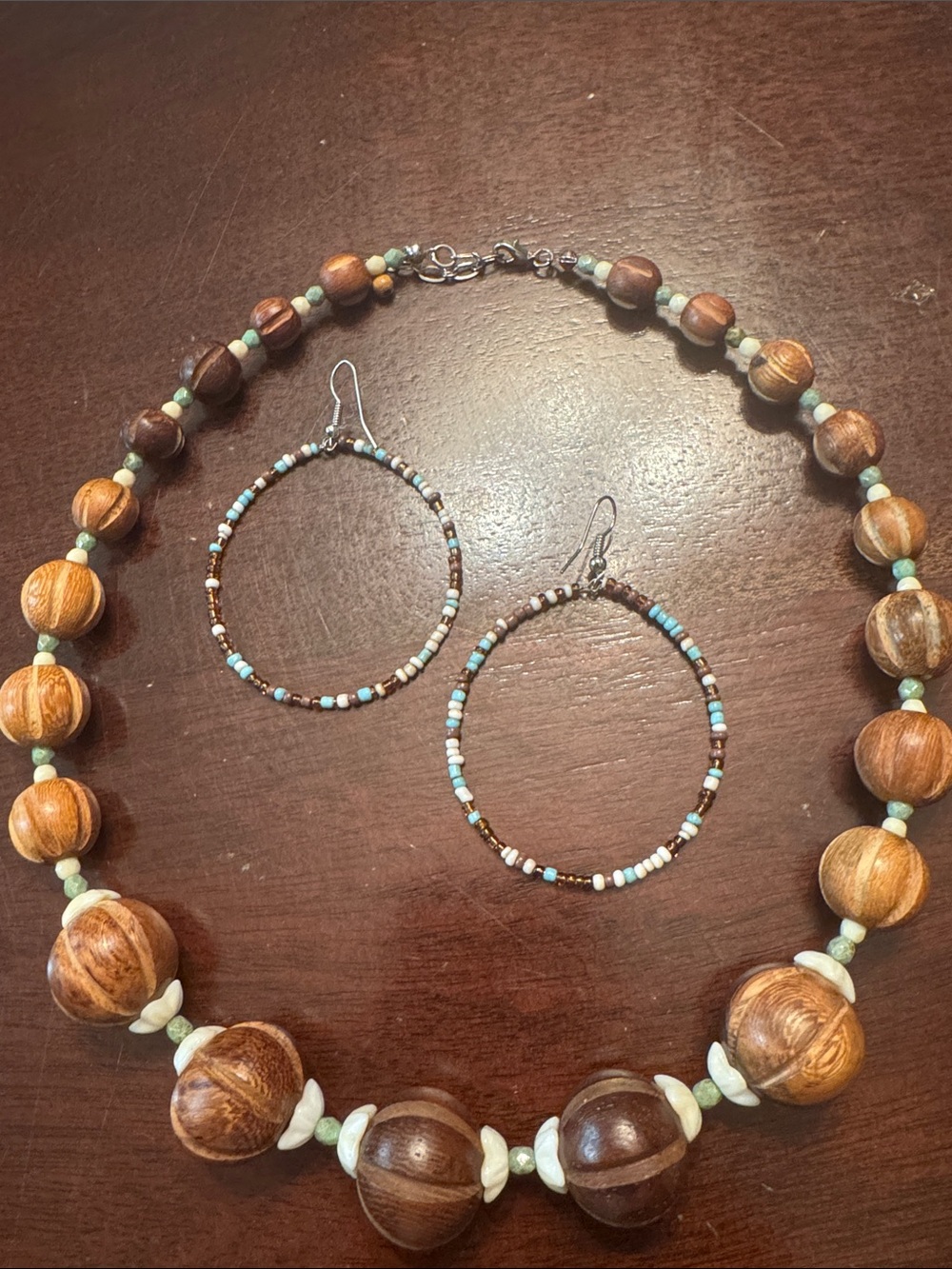 Banana Republic Wooden Bead Necklace and unbranded  Hoop Earrings Set - Brown